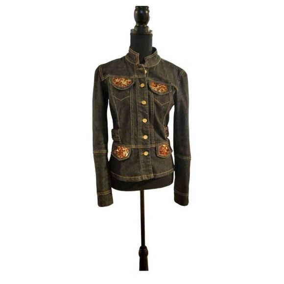 Cache Black Sequin Denim Jean Jacket Long Sleeve Women’s Size 2 - Picture 1 of 13